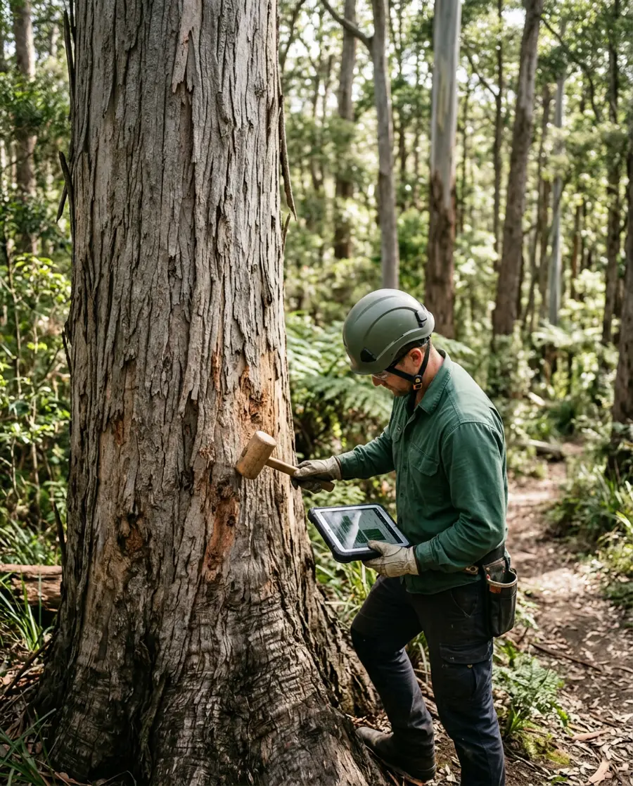 An arborist testing the trunk of a large eucalyptus with a mallet while recording findings on a tablet